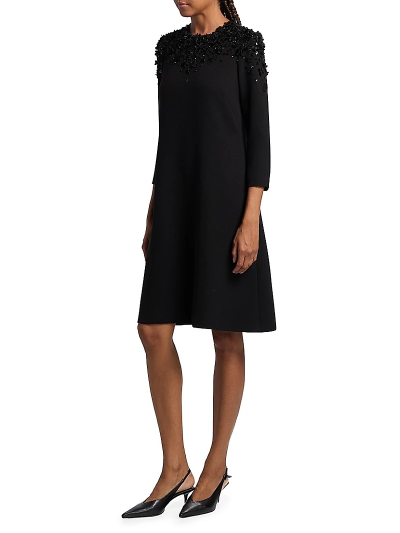 Floral Beaded Appliqué Crepe Cocktail Dress