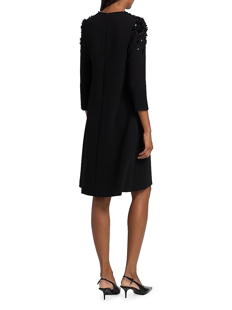 Floral Beaded Appliqué Crepe Cocktail Dress