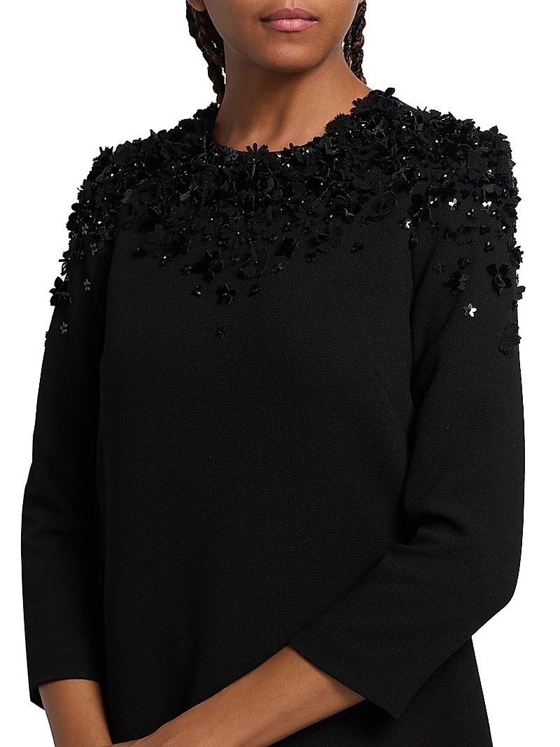 Floral Beaded Appliqué Crepe Cocktail Dress