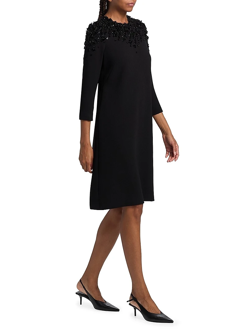 Floral Beaded Appliqué Crepe Cocktail Dress