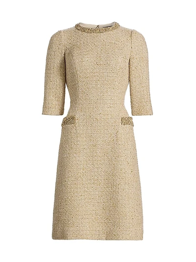 Embellished Metallic Bouclé Knee-Length Dress