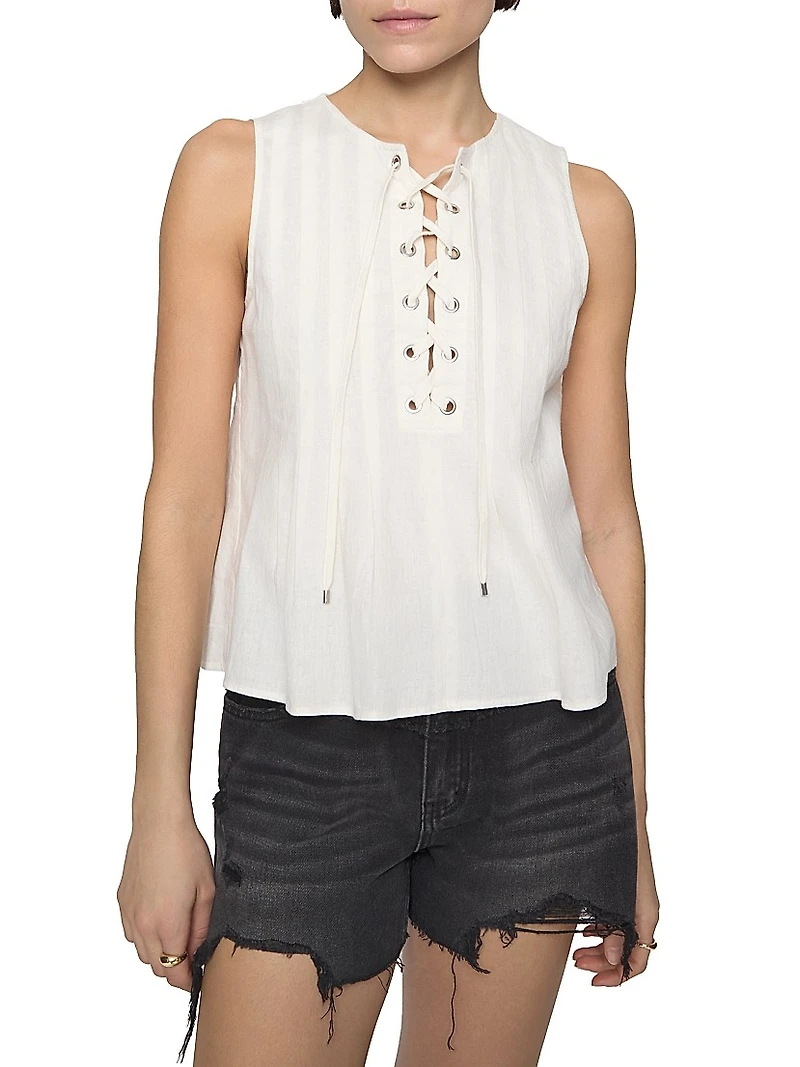 Becca Pleated Linen-Cotton Tieneck Blouse