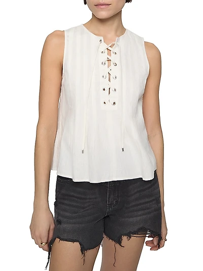 Becca Pleated Linen-Cotton Tieneck Blouse