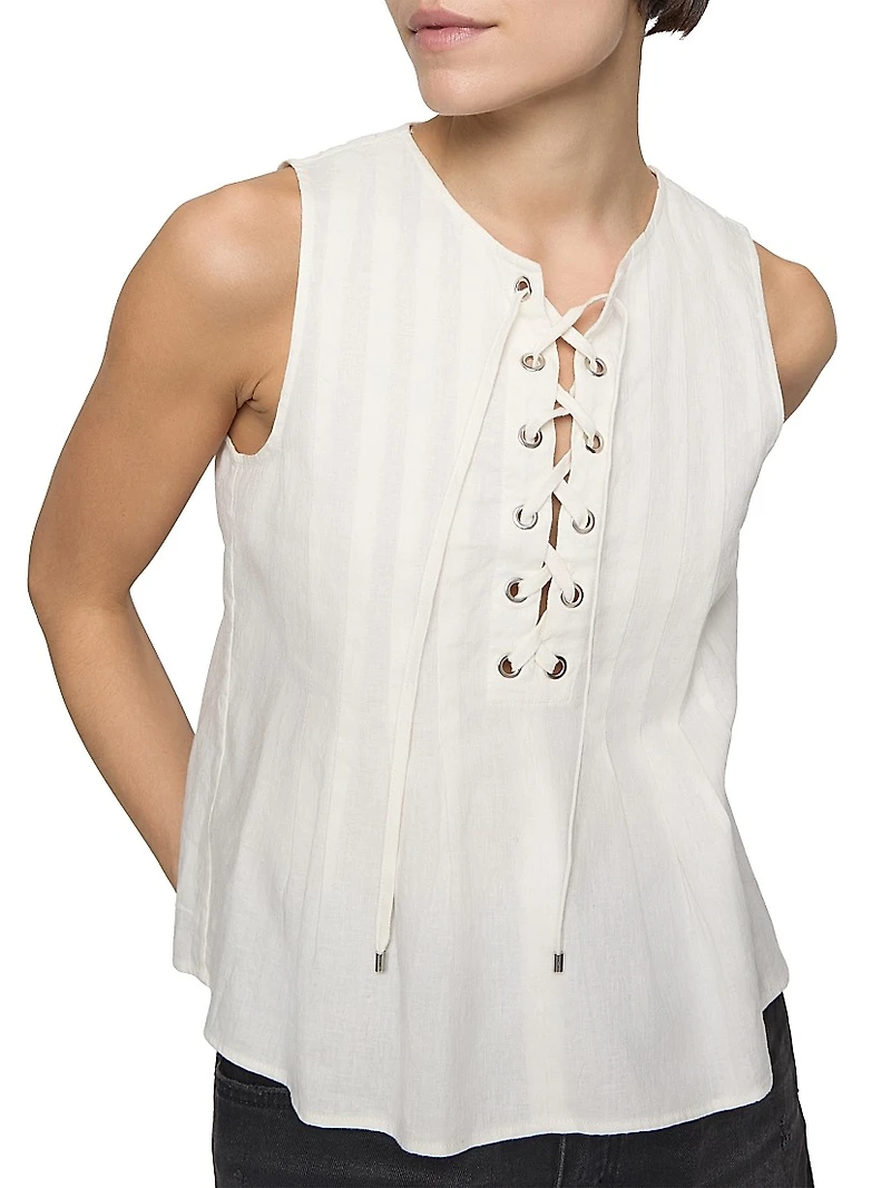 Becca Pleated Linen-Cotton Tieneck Blouse