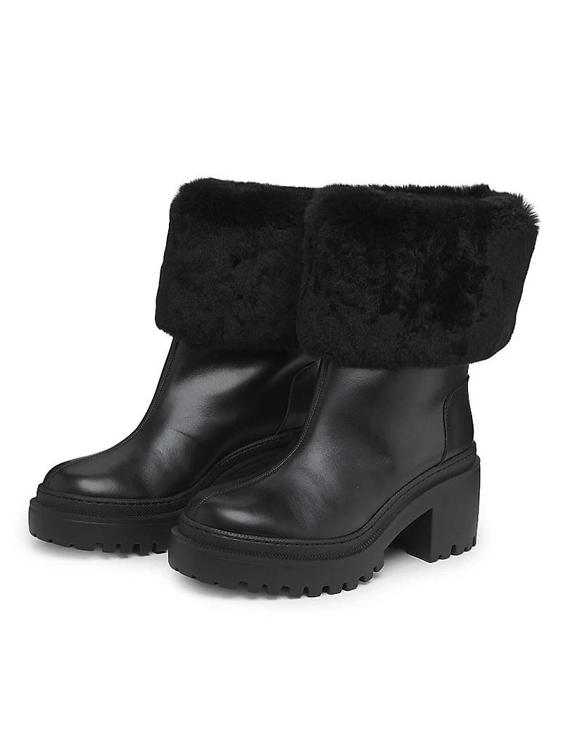 70MM Shearling-Cuff Leather Platform Booties