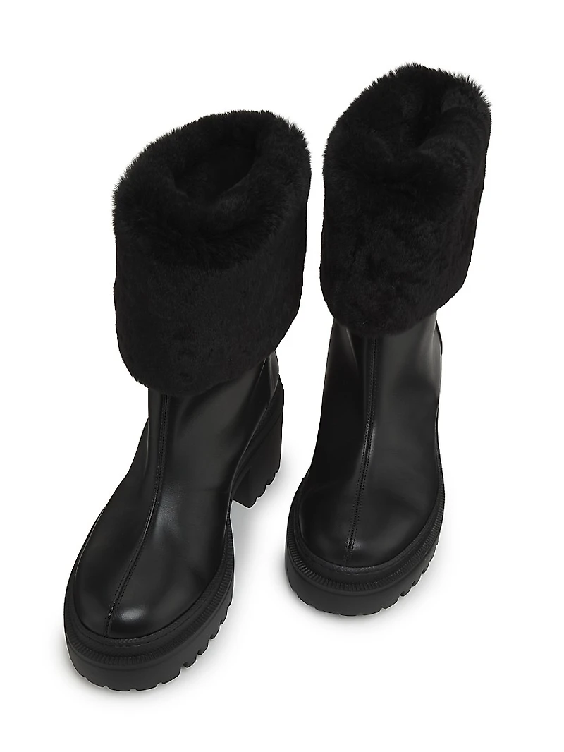 70MM Shearling-Cuff Leather Platform Booties