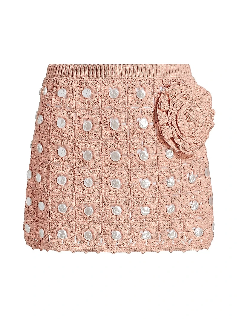 Abbie Floral Faux Pearl-Embellished Crochet Miniskirt
