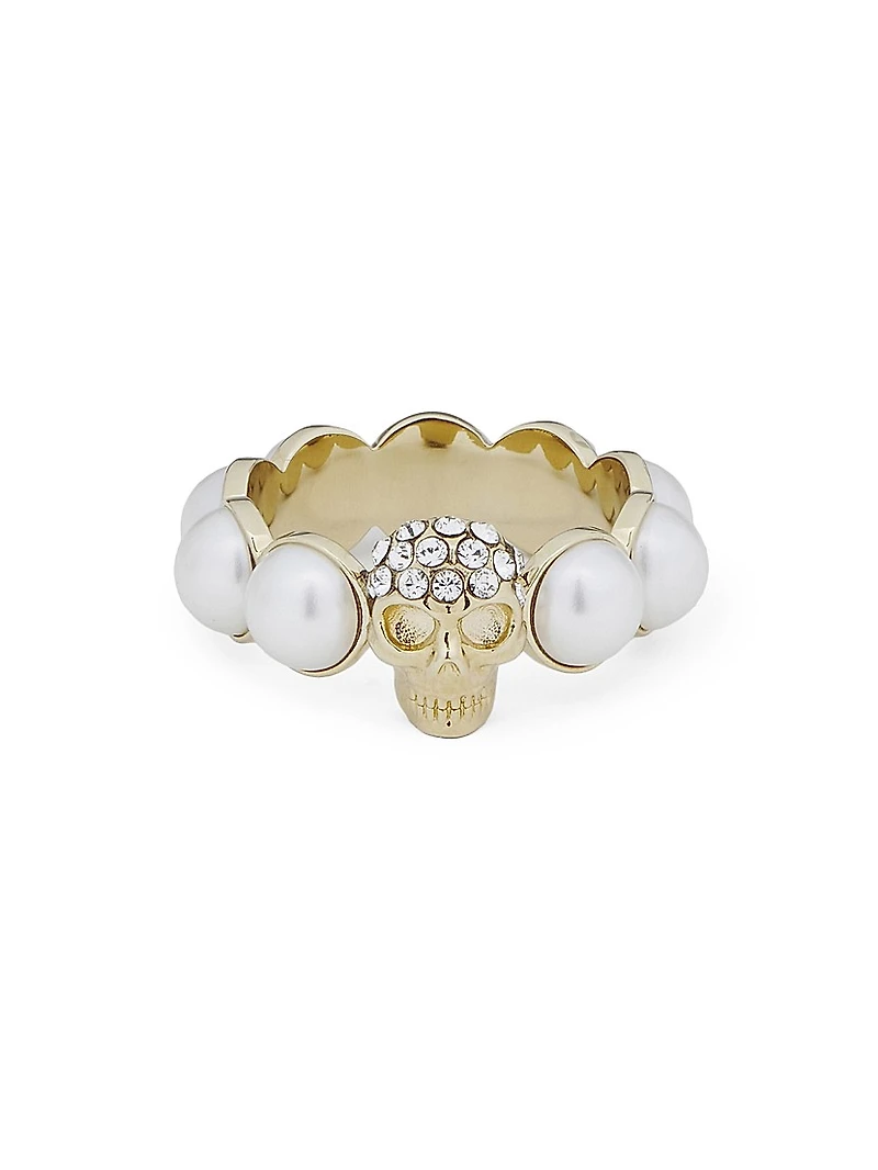Goldtone, Imitation Pearl & Glass Crystal Skull Ring