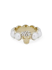 Goldtone, Imitation Pearl & Glass Crystal Skull Ring