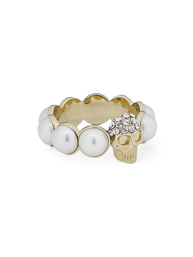 Goldtone, Imitation Pearl & Glass Crystal Skull Ring