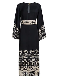 Lee Dragon Keyhole Tie-Waist Caftan Maxi Dress