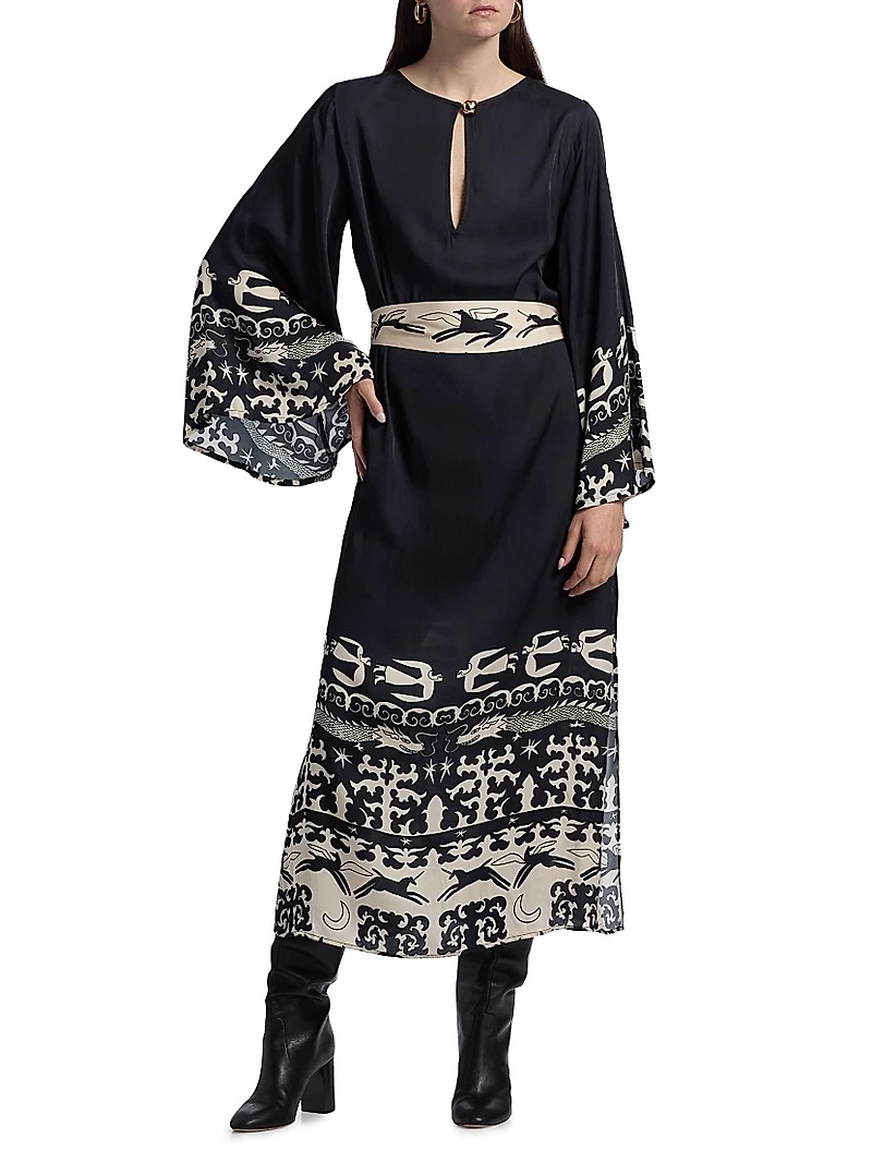 Lee Dragon Keyhole Tie-Waist Caftan Maxi Dress