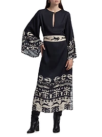 Lee Dragon Keyhole Tie-Waist Caftan Maxi Dress