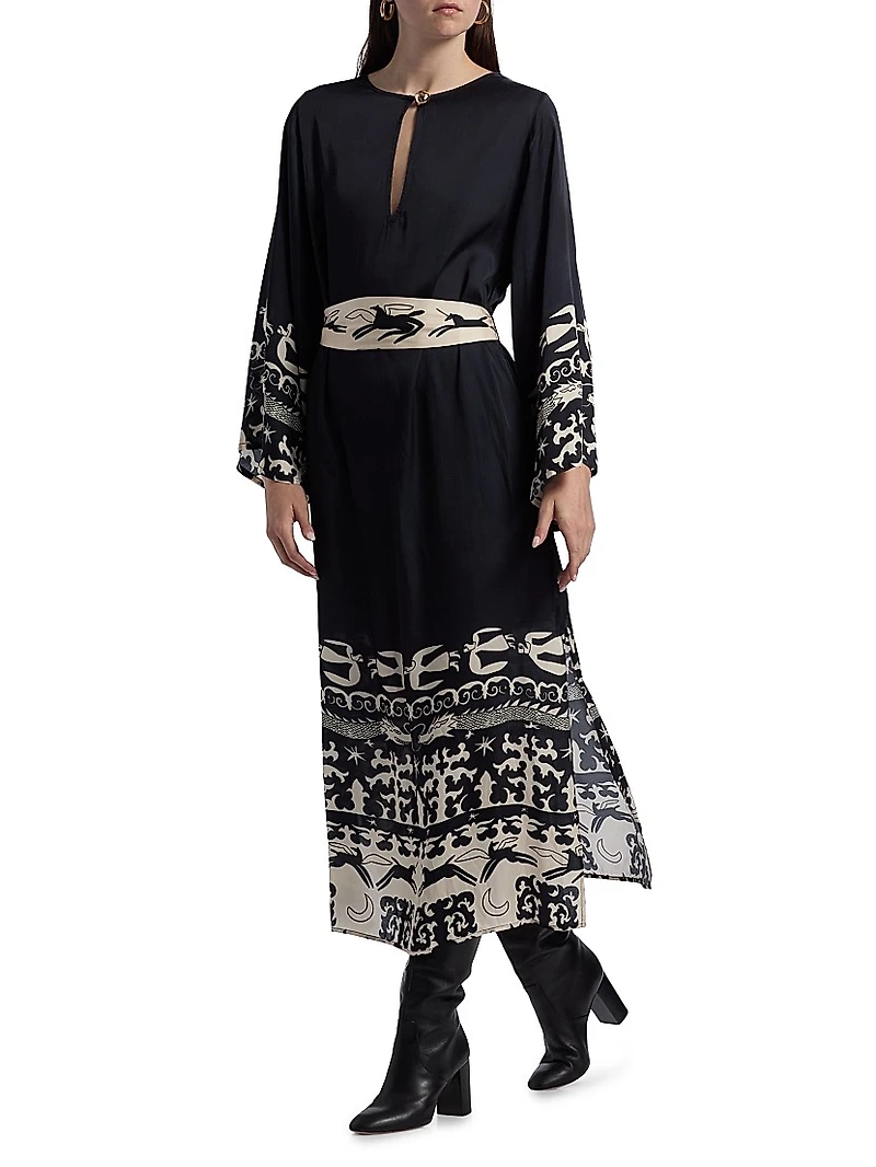 Lee Dragon Keyhole Tie-Waist Caftan Maxi Dress
