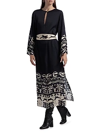 Lee Dragon Keyhole Tie-Waist Caftan Maxi Dress