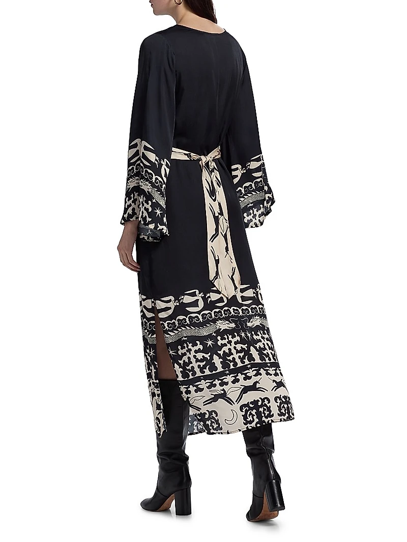 Lee Dragon Keyhole Tie-Waist Caftan Maxi Dress