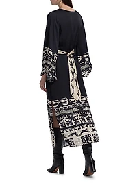 Lee Dragon Keyhole Tie-Waist Caftan Maxi Dress