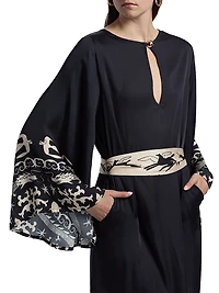 Lee Dragon Keyhole Tie-Waist Caftan Maxi Dress