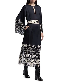 Lee Dragon Keyhole Tie-Waist Caftan Maxi Dress
