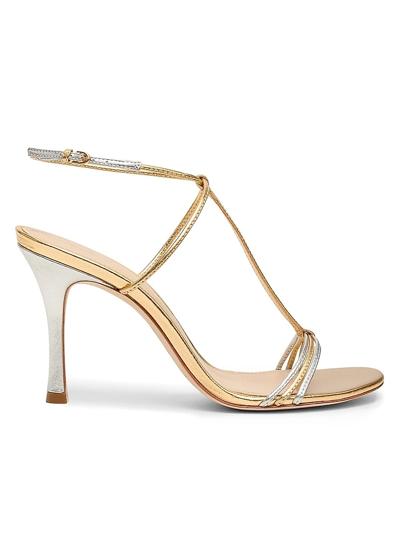 90MM Metallic Leather T-Strap Sandals