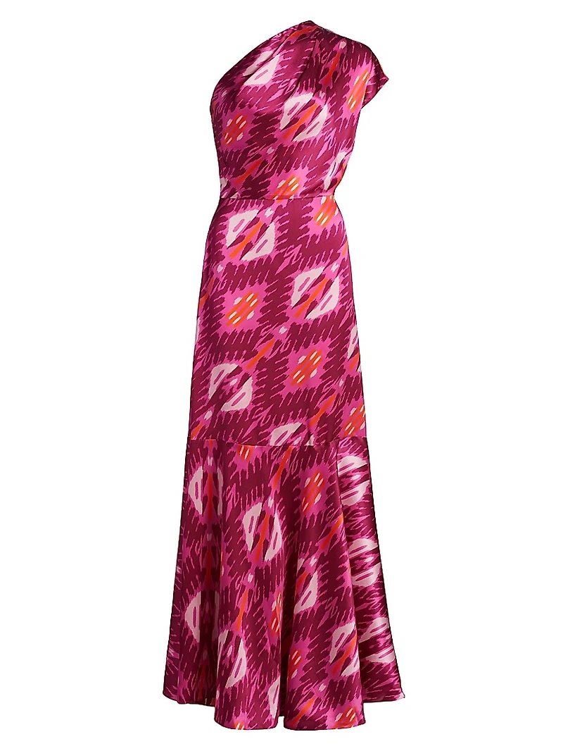Ezer Abstract Silk One-Shoulder Maxi Dress