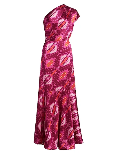 Ezer Abstract Silk One-Shoulder Maxi Dress