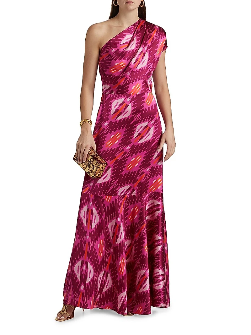 Ezer Abstract Silk One-Shoulder Maxi Dress