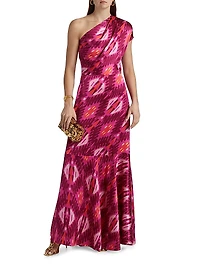 Ezer Abstract Silk One-Shoulder Maxi Dress