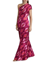 Ezer Abstract Silk One-Shoulder Maxi Dress