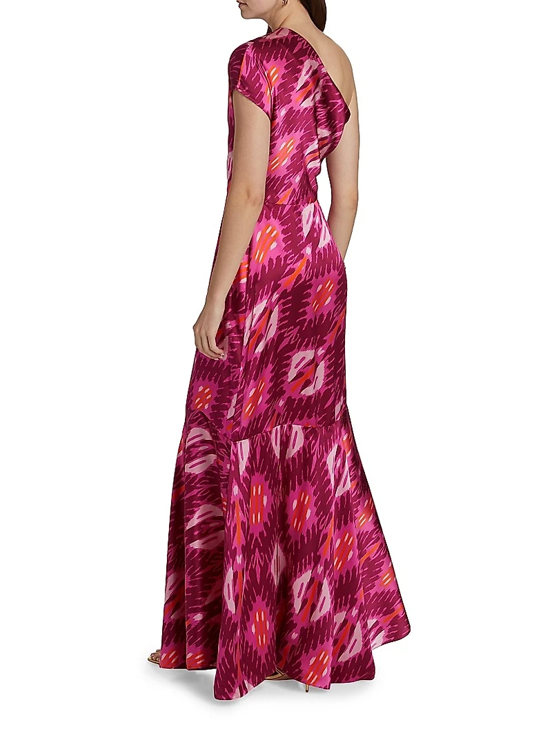 Ezer Abstract Silk One-Shoulder Maxi Dress