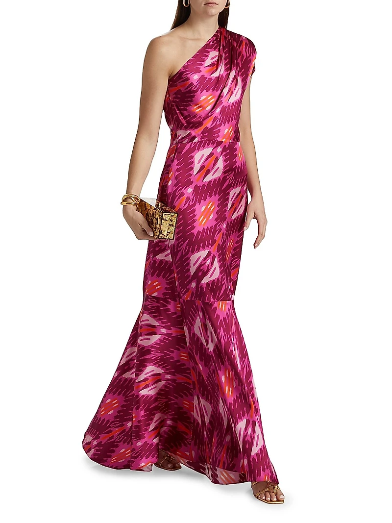 Ezer Abstract Silk One-Shoulder Maxi Dress