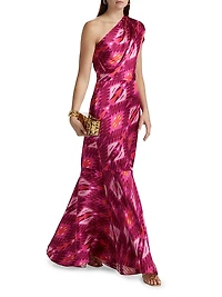 Ezer Abstract Silk One-Shoulder Maxi Dress