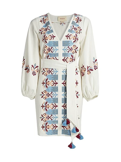 Judith Embroidered Cotton Self-Belt Minidress