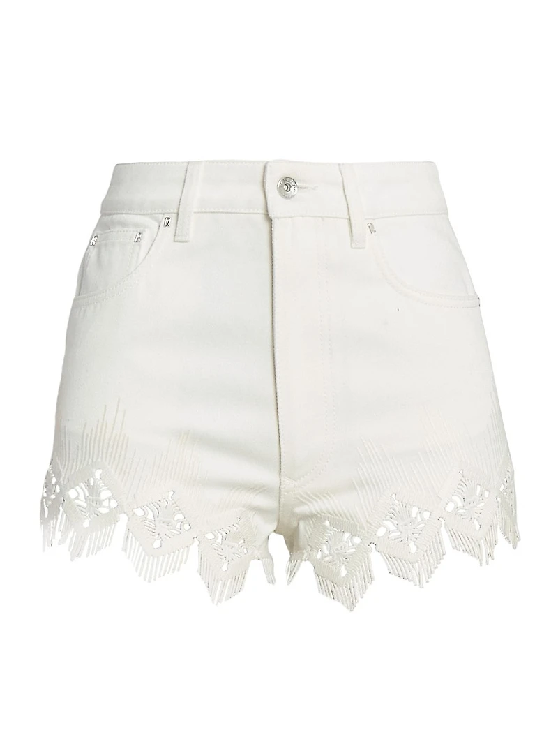 Embroidered Fringed Denim Shorts