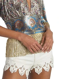 Embroidered Fringed Denim Shorts