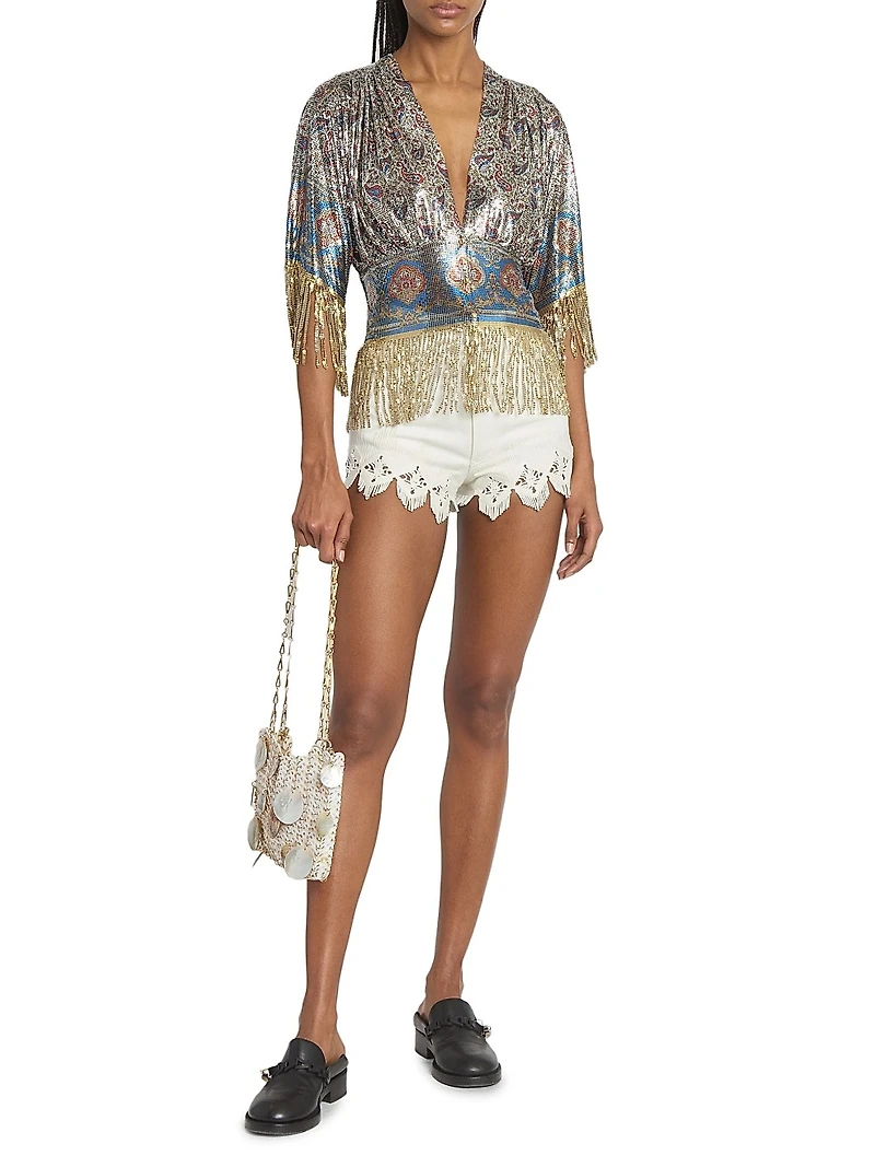 Embroidered Fringed Denim Shorts
