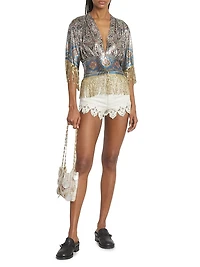 Embroidered Fringed Denim Shorts