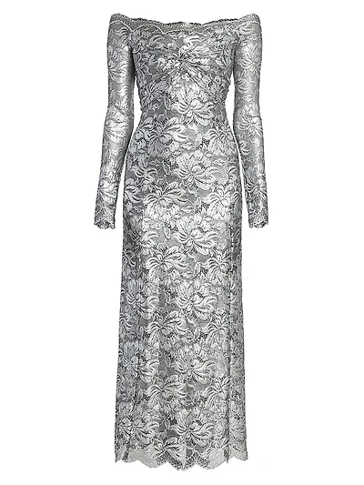 Metallic Lace Off-Shoulder Maxi Dress