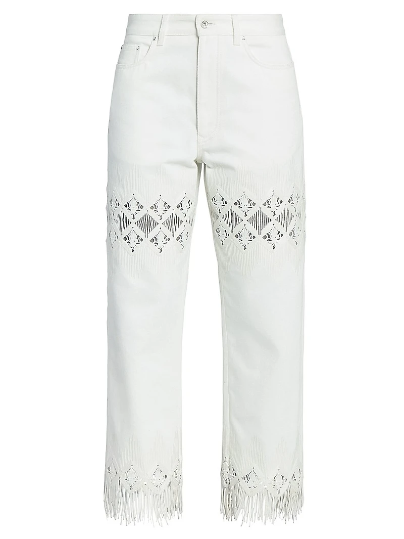 Embroidered Fringed Straight-Leg Jeans
