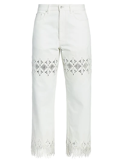Embroidered Fringed Straight-Leg Jeans