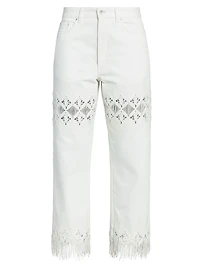 Embroidered Fringed Straight-Leg Jeans