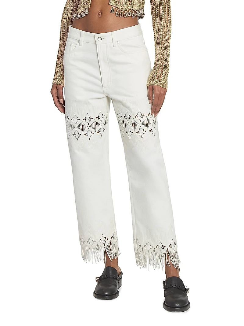 Embroidered Fringed Straight-Leg Jeans