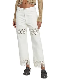 Embroidered Fringed Straight-Leg Jeans