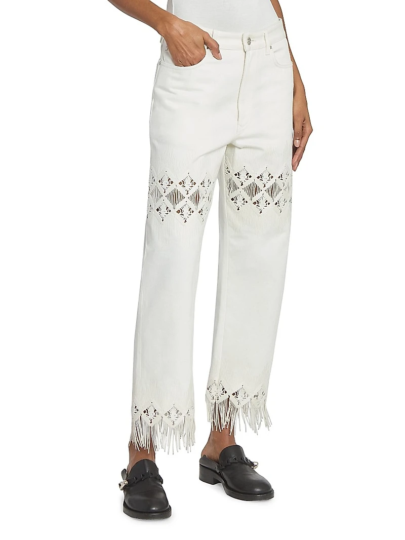 Embroidered Fringed Straight-Leg Jeans