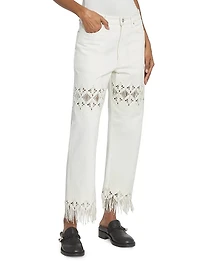 Embroidered Fringed Straight-Leg Jeans