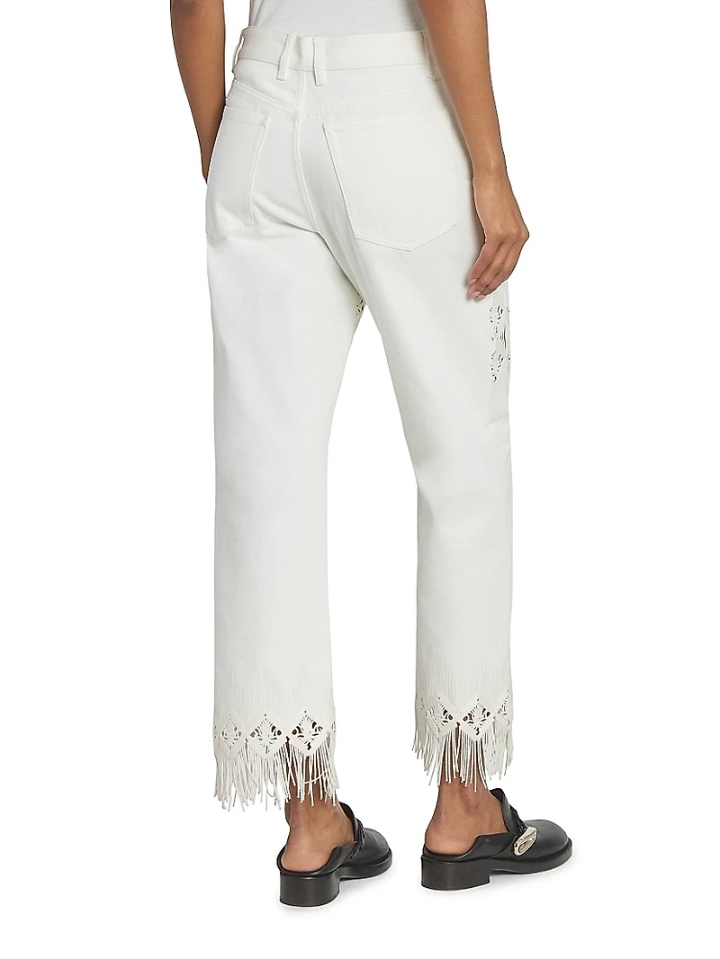 Embroidered Fringed Straight-Leg Jeans
