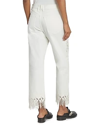 Embroidered Fringed Straight-Leg Jeans