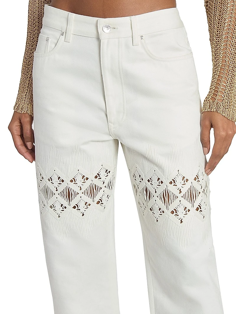 Embroidered Fringed Straight-Leg Jeans