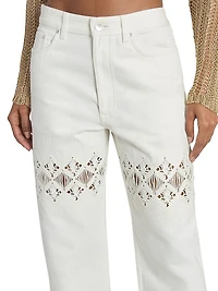 Embroidered Fringed Straight-Leg Jeans