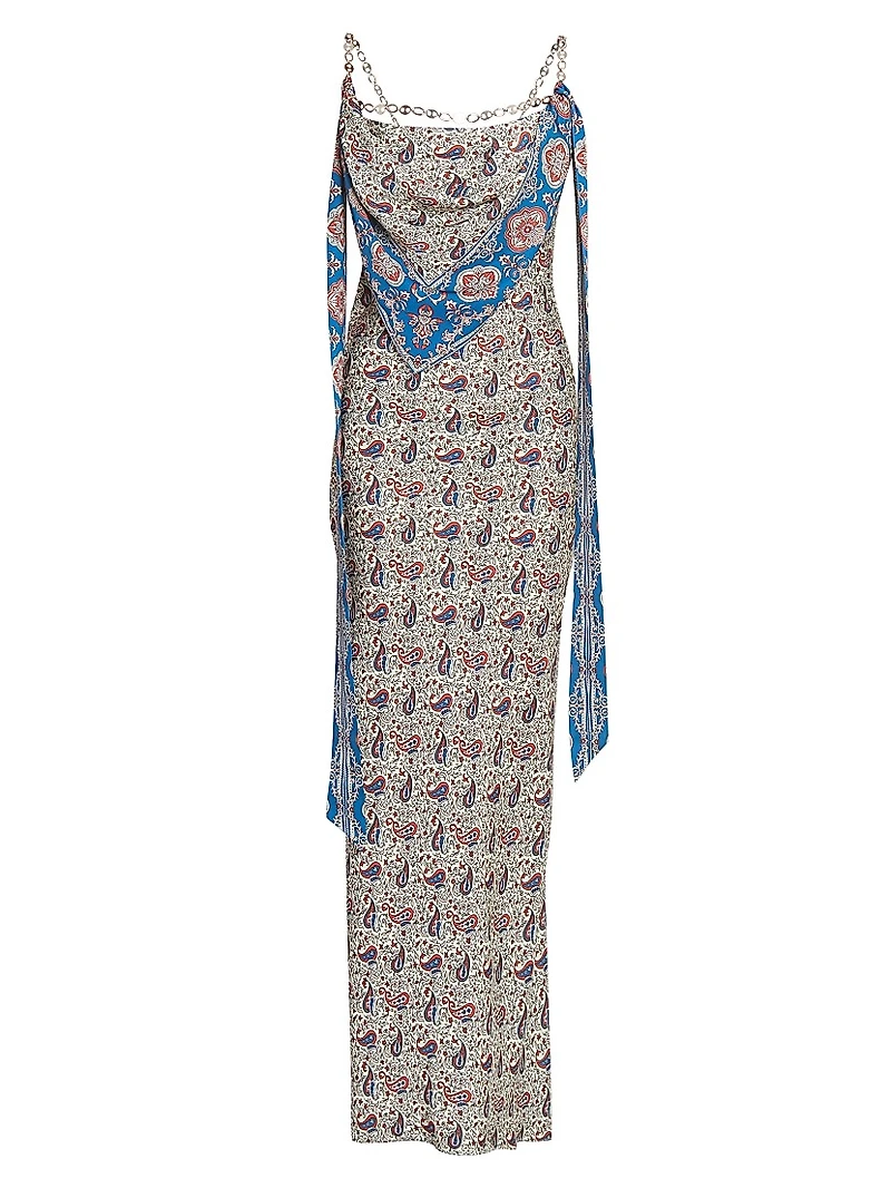 Paisley Satin Slim-Fit Maxi Dress